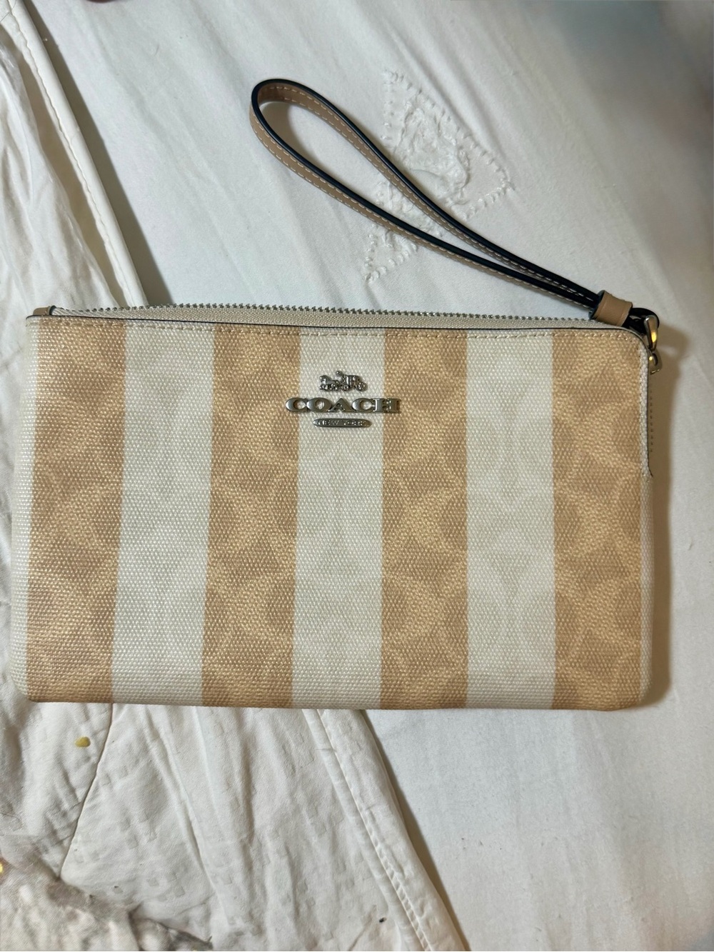 Coach Striped Signature Wristlet in Beige and Cream